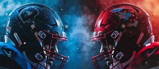 Two football helmets, one red and one blue, are positioned against a dark background, symbolizing the intense rivalry and competition in the world of American football. - obrazy, fototapety, plakaty