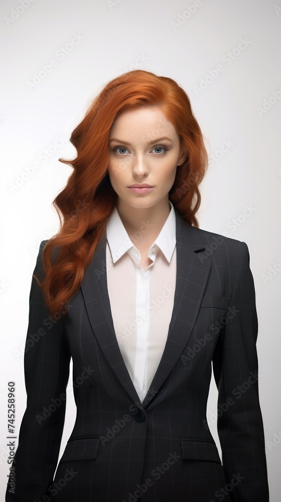 Aufkleber generative ai red-haired woman in a suit on a white background dynamic pose