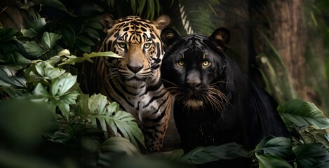 Two black and white tigers in the jungle, panthera leo