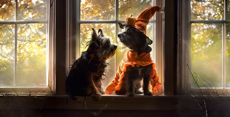 Two yorkshire terrier dogs in Halloween costume sitting on the windowsill. - obrazy, fototapety, plakaty