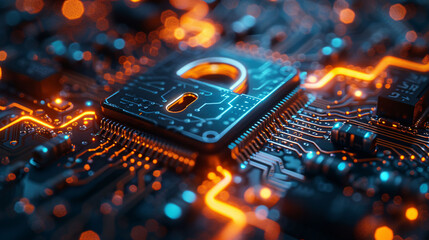 privacy protection banner with padlock on circuit board software web security concept