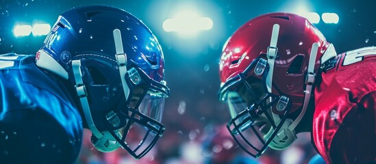 Two football helmets, one red and one blue, are positioned against a dark background, symbolizing the intense rivalry and competition in the world of American football. - obrazy, fototapety, plakaty