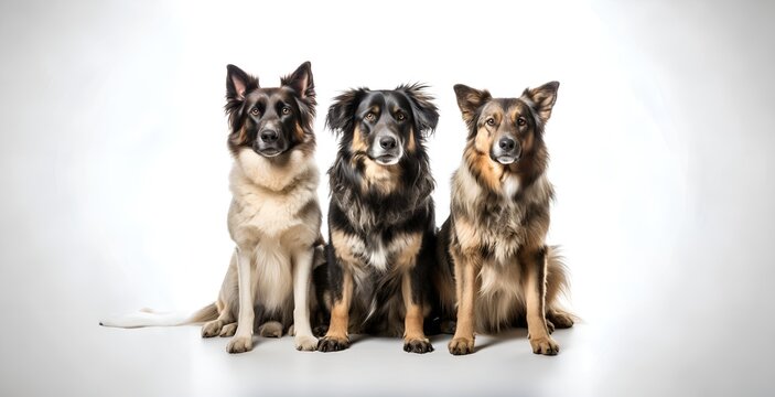 Three dogs isolated on a white background. Studio photo of three dogs.
