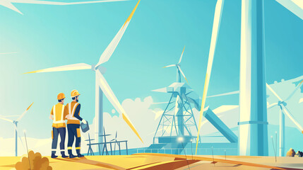 vector of clean renewable and alternative energy from wind turbine, windmill and solar energy generate electricity energy power with maintenance and electrical engineer - obrazy, fototapety, plakaty