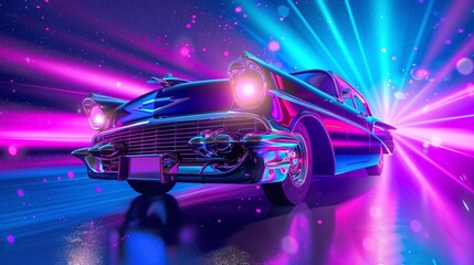 energetic disco event with vintage car in shiny blue and purple neon lighting, transforming the...