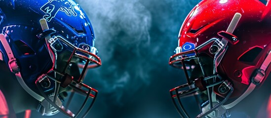 Two football helmets, one red and one blue, are positioned against a dark background, symbolizing the intense rivalry and competition in the world of American football.