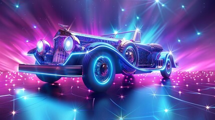 disco party background with vintage car in shiny blue and purple neon lighting, creating a vibrant...