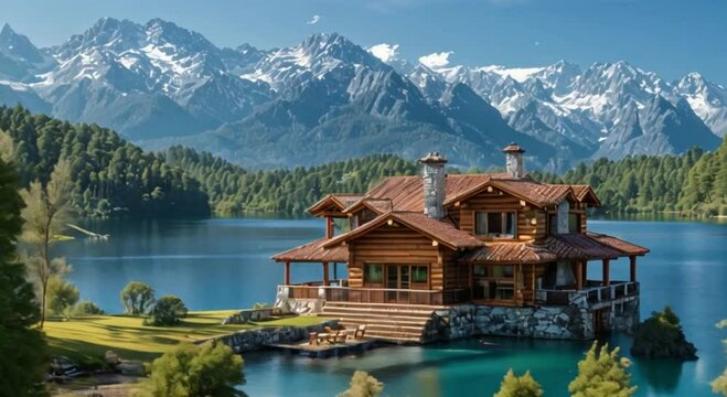 house by the lake in the mountains footage