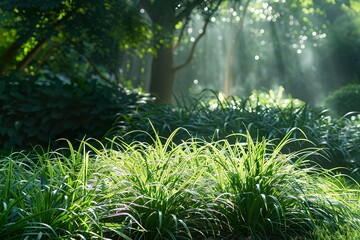 a tranquil natural setting. The foreground is adorned with vibrant green grass, its blades distinct and healthy. In the background, sunlight filters through foliage