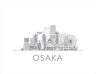 Osaka, Tokyo cityscape line art style vector illustration