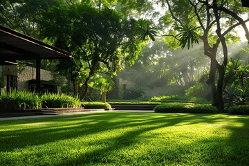 a tranquil natural setting. The foreground is adorned with vibrant green grass, its blades distinct and healthy. In the background, sunlight filters through foliage