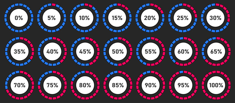 A set of diagrams loading or time icons in percentages from 0% to 100%