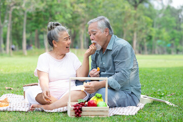 senior couple picnic and eating orange together in the park