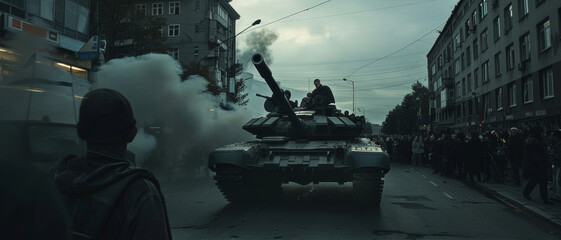 Tank rolling through city streets with onlookers and smoke.
