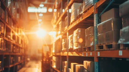 Foto op Canvas Vertical view of a retail warehouse full of shelves with goods in cartons, with pallets and forklifts and sun light. Logistics and transportation blurred background. Product distribution center © Mohsin