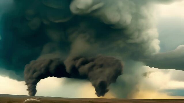 A powerful tornado with heavy clouds looming against a dark sky.
Concept: natural disasters and weather conditions, or the power of suddenness of natural phenomena.