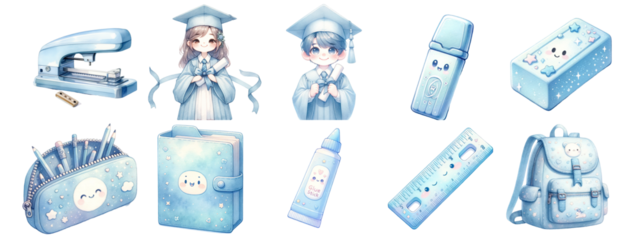 Watercolor school supplies on white background