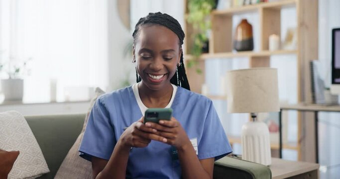 Happy, nurse or smartphone on sofa in nursing home, connectivity or browse internet or social media. Woman, smile or mobile app for healthcare, medical or wellness app for text message in living room