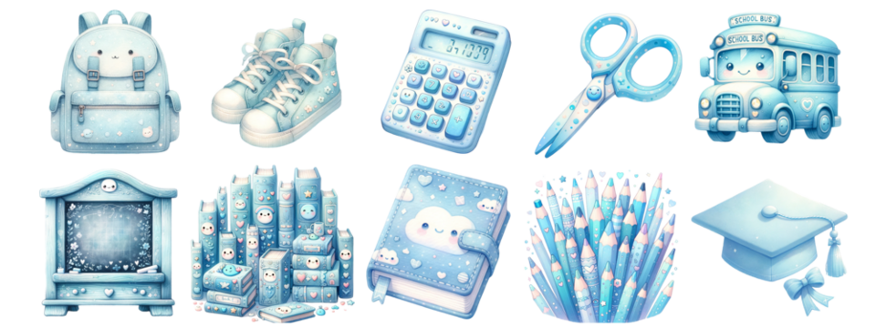 Watercolor school supplies on white background