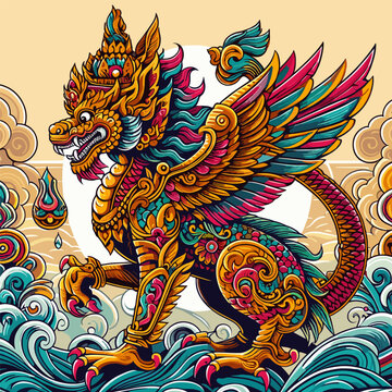 illustration fantasy dragon with wing art work traditional myth print
