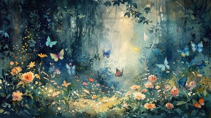 Pastel tones painting a dreamlike forest glade butterflies dancing around vibrant flowers - obrazy, fototapety, plakaty