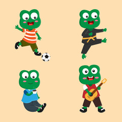 Frog cartoon character set collection doing different activity vector illustration