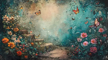 Papier Peint photo autocollant Papillons en grunge Pastel tones painting a dreamlike forest glade butterflies dancing around vibrant flowers