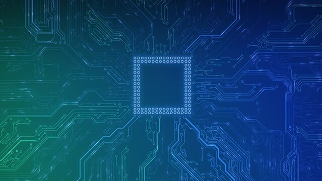 Animated circuit board. Digital technology background. Central computer processor CPU concept. Motherboard digital chip. PCB with free copy space for text or logo. Development 3D abstract backdrop