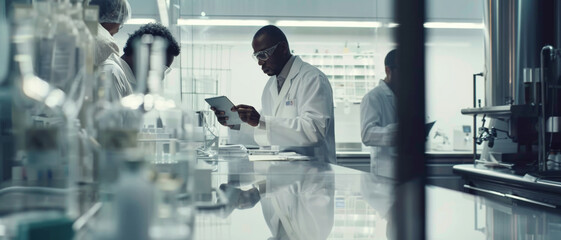 Scientists in lab coats engrossed in research within a modern laboratory setting.