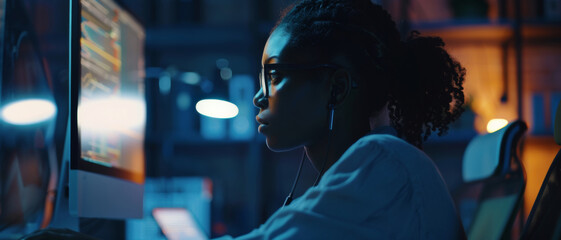 A focused woman coding intensely on her computer in a dimly lit office space. - obrazy, fototapety, plakaty