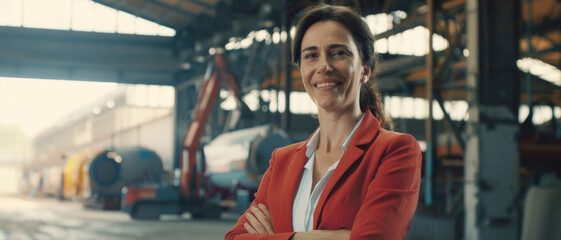 Empowered businesswoman standing assuredly at an industrial site with a genial smile. - obrazy, fototapety, plakaty