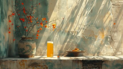 A vase of flowers and a glass of orange juice on a wooden table