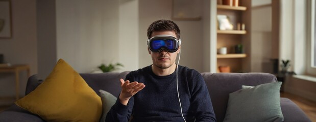 Man wearing a VR headset is interacting with virtual content in a cozy living room, depicting leisure tech use and entertainment, vision pro.