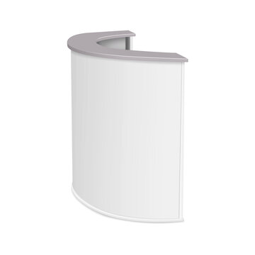Half-round table counter realistic vector mockup. White blank curved reception desk mock-up. Template for design