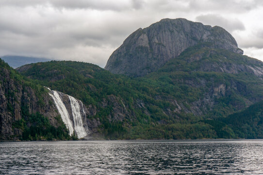 Laukelandsfossen waterfall, North shore of Dalsfjorden, fjord in Vestland county, Norway.
