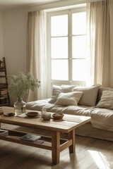 Fototapeta premium Comfortable modern sofa, soft luxury couch in cozy living room minimal elegant aesthetic home interior design contemporary style background space. House furniture store shopping advertising promo .