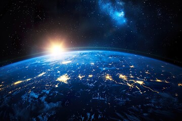 Obraz premium planet Earth at night, as seen from space. The image is dominated by the blue and green continents of Earth, which are illuminated by the soft light of the setting sun