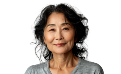 a U50 year old Chinese lady that is smiling but Young, stylish, rich. in a T-shirt. half length photo at about 30 degrees. head slightly raised, smile at the corner of his mouth isolated PNG