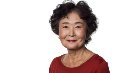 a U50 year old Chinese lady that is smiling but Young, stylish, rich. in a T-shirt. half length photo at about 30 degrees. head slightly raised, smile at the corner of his mouth isolated PNG