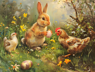 The rabbits negotiate with the chickens about supplying eggs for Easter