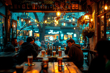 Obraz premium Irish pub filled with patrons enjoying pints of beer and traditional music