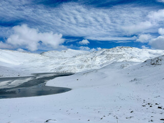 Winter view of Duchessa lake and Murolungo mount (Italy) - The landscape summit of Mount Murolungo with Mount Velino and Duchessa lake, in the Natural reserve of Duchessa mountains - 745261799