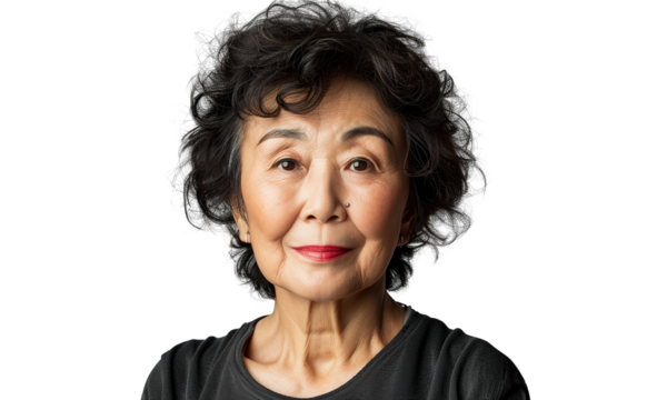 a U50 year old Chinese lady that is smiling but Young, stylish, rich. in a T-shirt. half length photo at about 30 degrees. head slightly raised, smile at the corner of his mouth isolated PNG