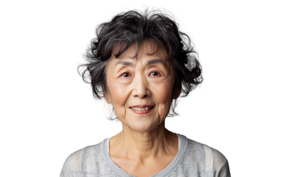 a U50 year old Chinese lady that is smiling but Young, stylish, rich. in a T-shirt. half length photo at about 30 degrees. head slightly raised, smile at the corner of his mouth isolated PNG