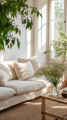Fototapeta premium Comfortable modern sofa, soft luxury couch in cozy living room minimal elegant aesthetic home interior design contemporary style background space. House furniture store shopping advertising promo .