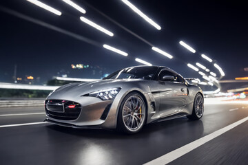 Front side view of silver luxury super car going at high speed on the road at night, surrounded by...