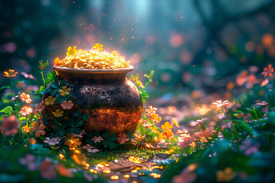 Pot of gold surrounded by clovers and leprechauns, symbolizing the legendary treasure associated with St. Patrick's Day