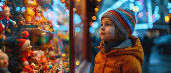Obraz premium Children on a winter night excited watching toys in a shop window for Christmas.Generative ai