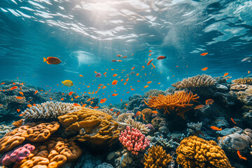 Fototapeta na wymiar Fading vibrant coral reef life, as a result of climate change and human activities on marine ecosystems.