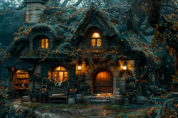 Fototapeta premium Fairy cozy Irish cottage, with a roaring fire in the hearth, shamrock decorations